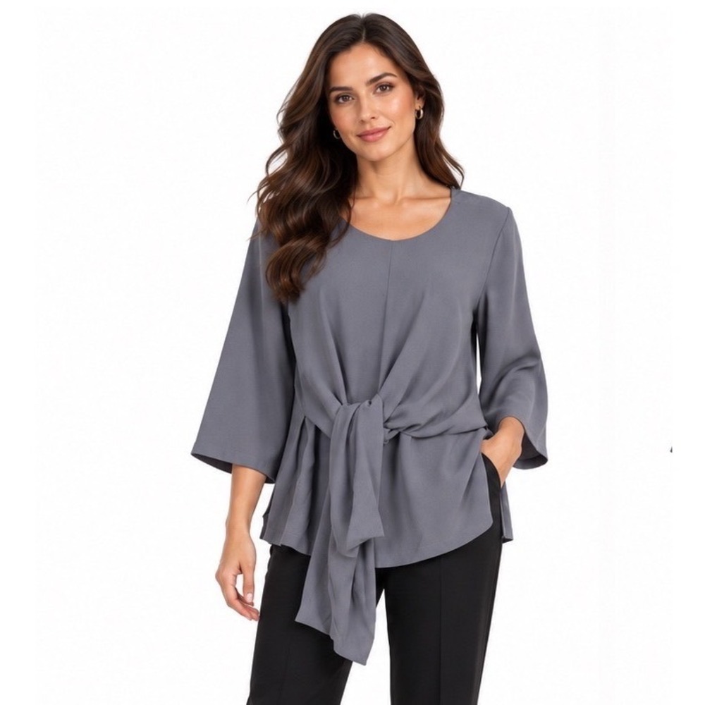 Ann Taylor Tie Front Blouse Gray 3/4 Sleeve Keyhole Back Top 6 Career 119-41